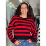 ⁦بلوزة ستاتي شتوي مخطط لون أحمر وأسود SHADE⁩ - الصورة ⁦2⁩