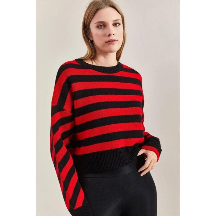 ⁦بلوزة ستاتي شتوي مخطط لون أحمر وأسود SHADE⁩ - الصورة ⁦4⁩