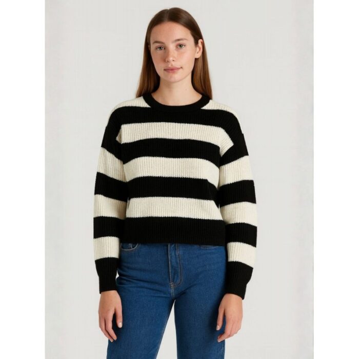 ⁦بلوزة ستاتي شتوي لون أسود مخطط بيج Happiness İstanbul⁩ - الصورة ⁦3⁩