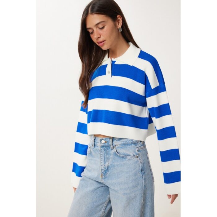 ⁦بلوزة ستاتي لون أبيض مخطط نيلي Happiness İstanbul⁩ - الصورة ⁦3⁩