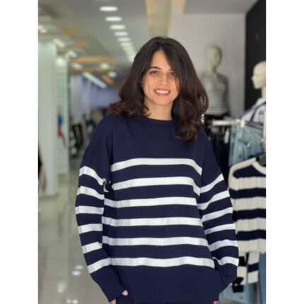 بلوزة ستاتي شتوي مخطط كحلي وأبيض Bianco Lucci