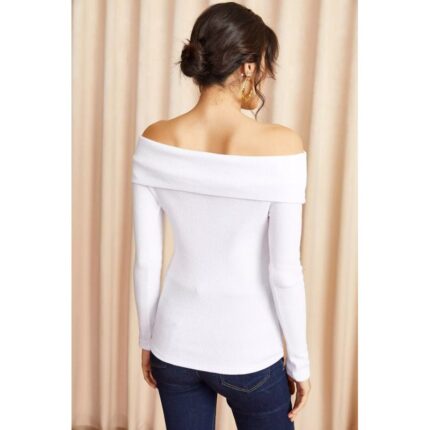 بلوزة ستاتي شتوي قبة وسيعة لون أبيض Olalook
