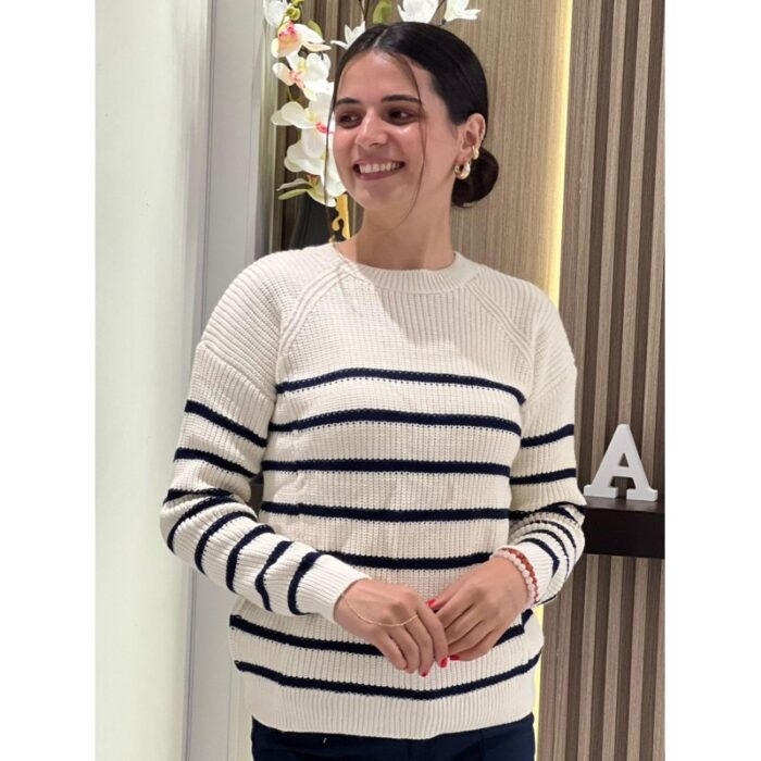 ⁦بلوزة ستاتي شتوي مخطط بيج وكحلي SHADE⁩ - الصورة ⁦2⁩