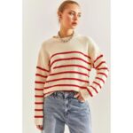 بلوزة ستاتي شتوي مخطط بيج وأحمر SHADE