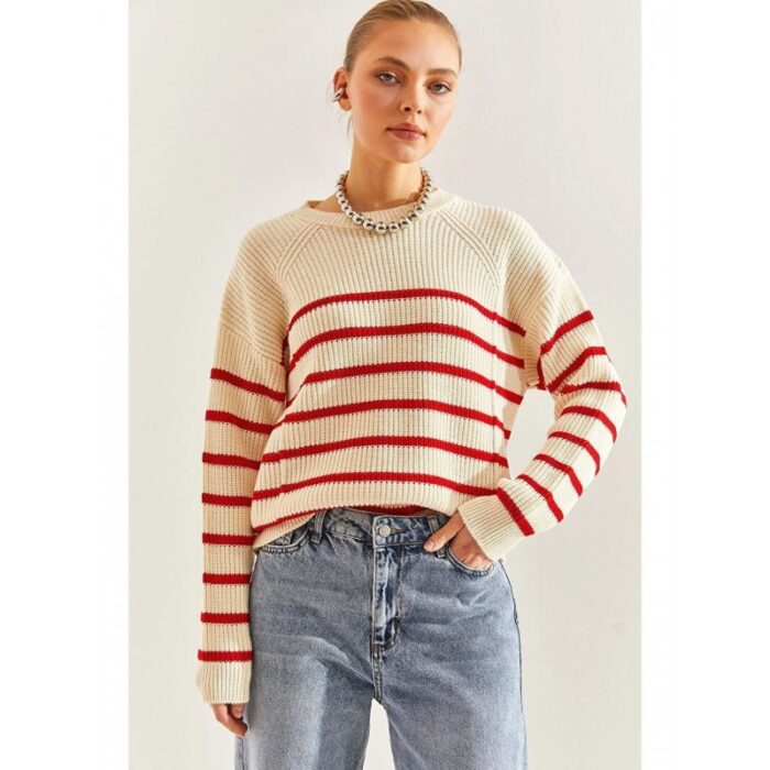 ⁦بلوزة ستاتي شتوي مخطط بيج وأحمر SHADE⁩ - الصورة ⁦2⁩