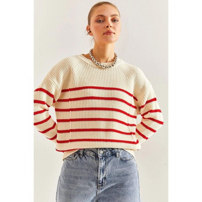 ⁦بلوزة ستاتي شتوي مخطط بيج وأحمر SHADE⁩ - الصورة ⁦4⁩