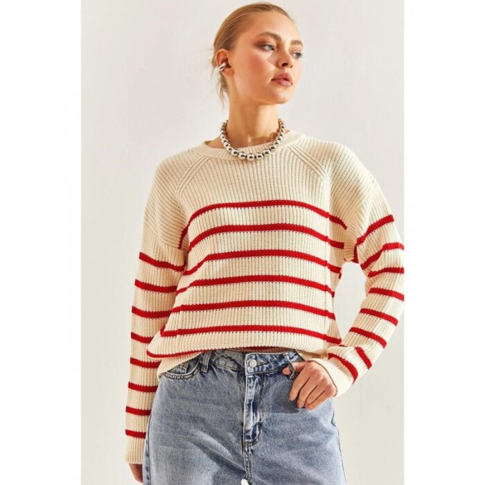 ⁦بلوزة ستاتي شتوي مخطط بيج وأحمر SHADE⁩ - الصورة ⁦5⁩