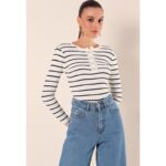 بلوزة ستاتي شتوي لون أبيض مخطط شتوي Bigdart