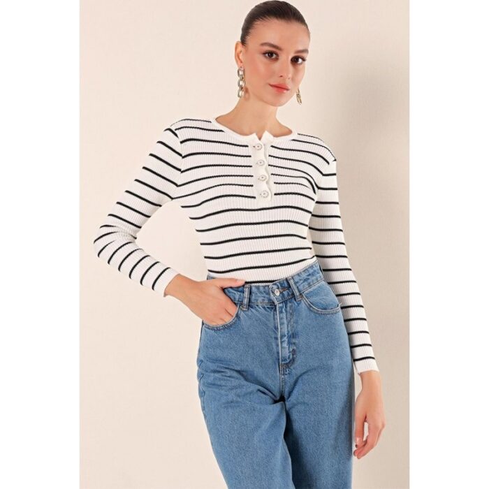 ⁦بلوزة ستاتي شتوي لون أبيض مخطط شتوي Bigdart⁩ - الصورة ⁦3⁩