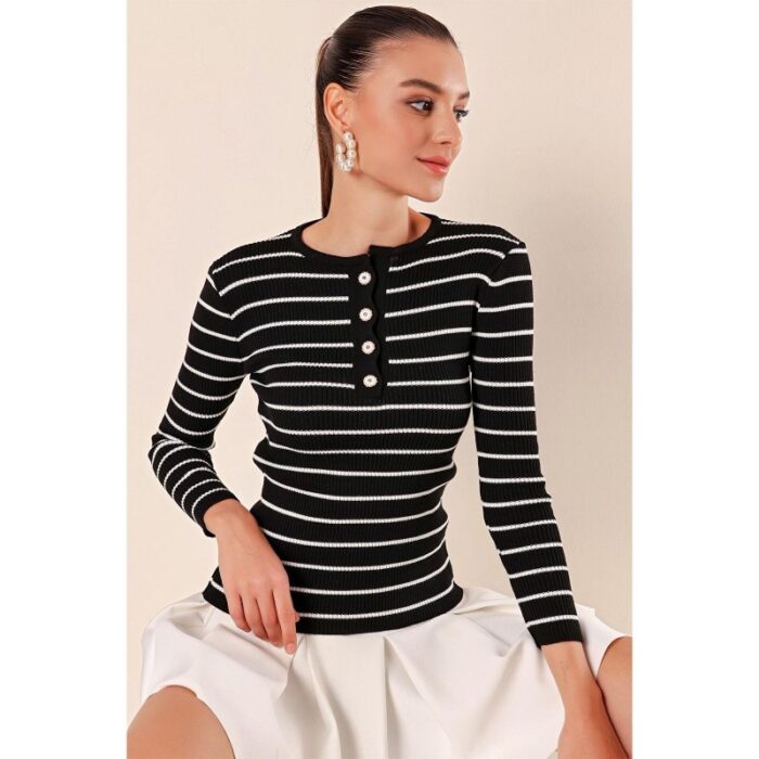 ⁦بلوزة ستاتي أسود مخطط أبيض Bigdart⁩ - الصورة ⁦6⁩