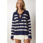 بلوزة ستاتي شتوي لون كحلي مخطط أبيض Happiness İstanbul