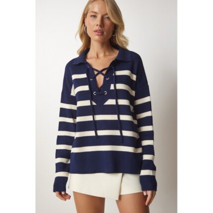 بلوزة ستاتي شتوي لون كحلي مخطط أبيض Happiness İstanbul