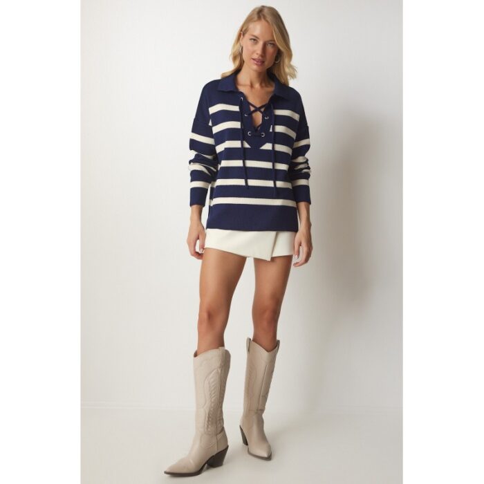 ⁦بلوزة ستاتي شتوي لون كحلي مخطط أبيض Happiness İstanbul⁩ - الصورة ⁦2⁩