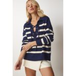 ⁦بلوزة ستاتي شتوي لون كحلي مخطط أبيض Happiness İstanbul⁩ - الصورة ⁦3⁩