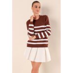 ⁦بلوزة ستاتي شتوي لون بني مخطط أبيض Bigdart⁩ - الصورة ⁦4⁩