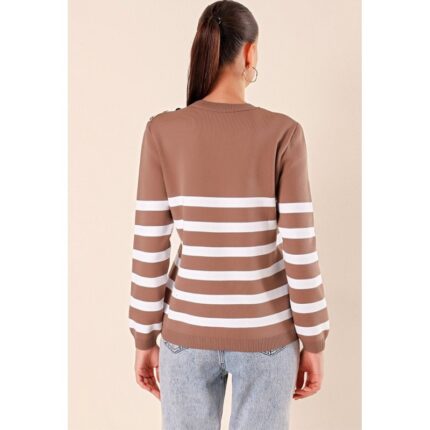 بلوزة ستاتي شتوي لون بيج مخطط أبيض Bigdart