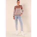 ⁦بلوزة ستاتي شتوي لون بيج مخطط أبيض Bigdart⁩ - الصورة ⁦3⁩