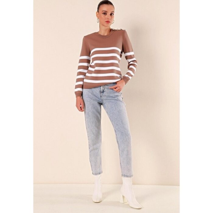 ⁦بلوزة ستاتي شتوي لون بيج مخطط أبيض Bigdart⁩ - الصورة ⁦3⁩