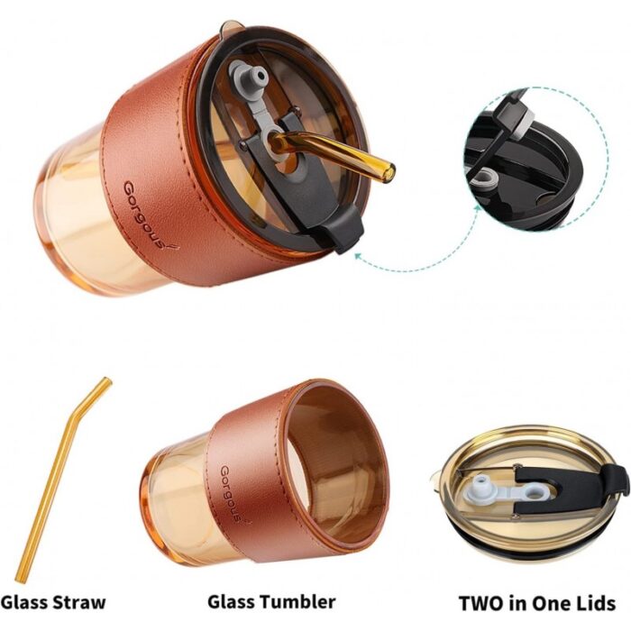 ⁦كاسة زجاج مع غطاء وجلدة ومصاصة لون شفاف عسلي⁩ - الصورة ⁦3⁩