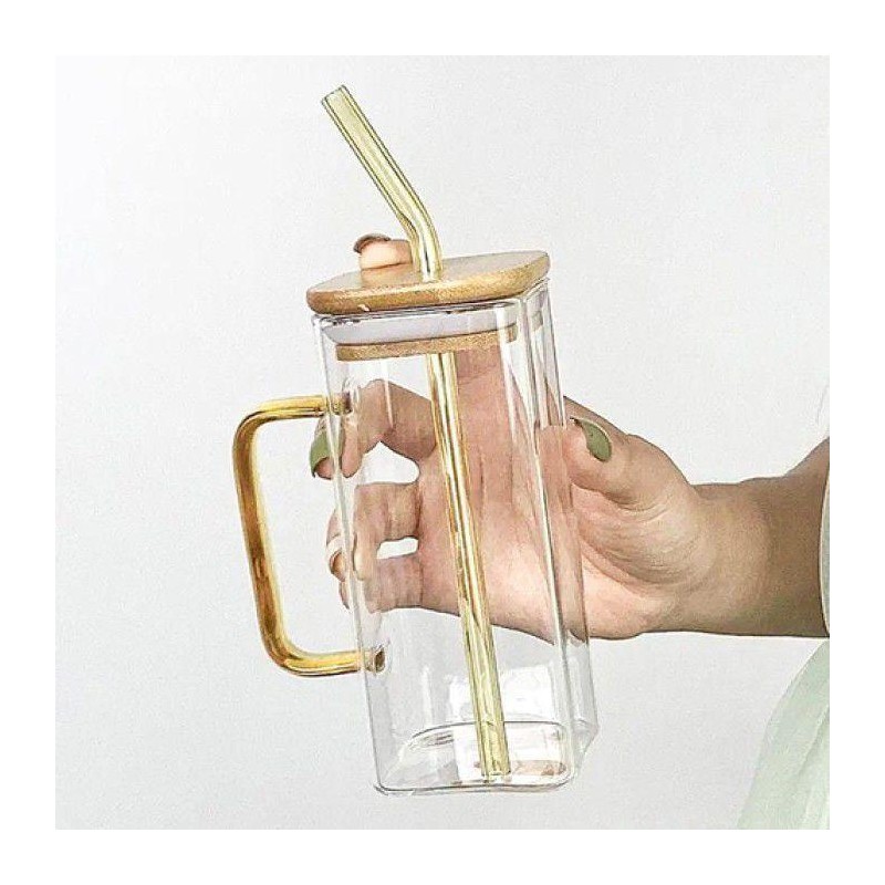 ⁦كاسة زجاج مع مقبض وغطاء خشب بامبو ومصاصة⁩ - الصورة ⁦1⁩