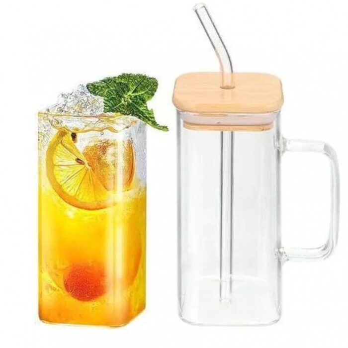 ⁦كاسة زجاج مع مقبض وغطاء خشب بامبو ومصاصة⁩ - الصورة ⁦2⁩