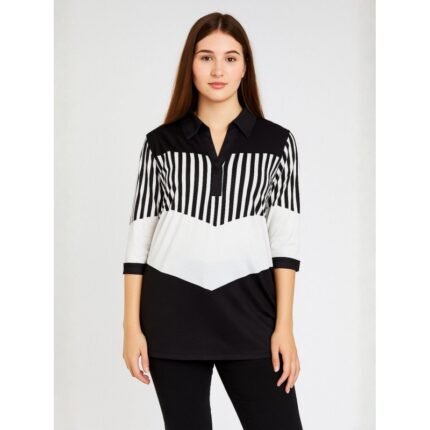 بلوزة كم طويل لون أبيض وأسود