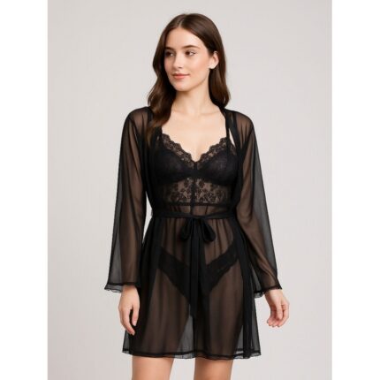 طقم لانجري قميص نوم مع روب لون أسود