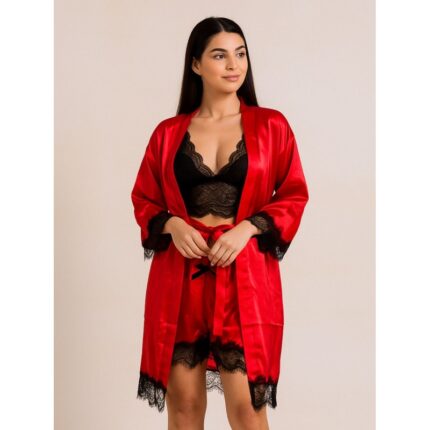 طقم لانجري قميص نوم مع روب لون أحمر