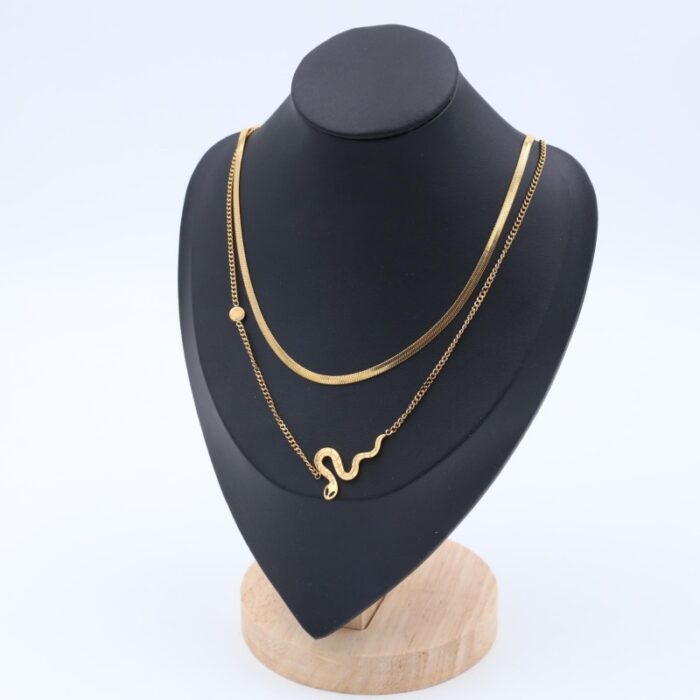 ⁦سلسال ذهبي طبقتين عريض ورفيع بتصميم أفعى⁩ - الصورة ⁦2⁩