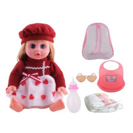 دمية طفلة بعيون متحركة مع أصوات تشمل نظارة شال رضاعة وحفاضة طول 35 سم