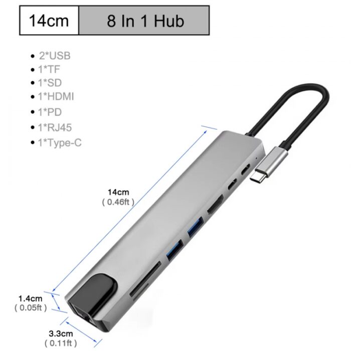 ⁦وصلة تحويلة موزع 1 الى 7 مخارج HDMI وشبكة RJ45 وللذواكر SD card وmicro SDو 2USB OTG و PD type-c×2 من مدخل type-c للهواتف او USB-C للكمبيوتر والتابليت⁩ - الصورة ⁦5⁩