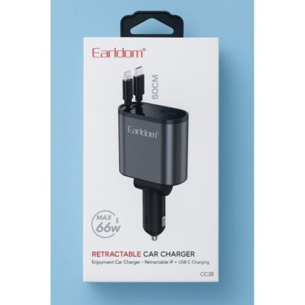 earldom retractable 4in1 car mobile phone car charger cc38 شاحن سريع 66 واط يدعم كافة الاجهزة بتصميم عصري يمنحك النظام والجمال داخل السيارة
