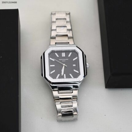 ساعة رجالي سداسية الشكل مع ذراع معدن اللون فضي واسود من ماركة FJ مع كفالة سنتين ضد تغير اللون