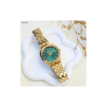 ساعة يد نسائية أنيقة اللون ذهبي و اخضر من ماركة FJ مع كفالة سنتين ضد تغير اللون