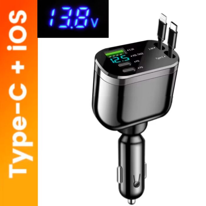 ⁦شاحن سيارة مع كوابل ايفون و type-c زمبرك وشاشة فحص البطارية⁩ - الصورة ⁦5⁩