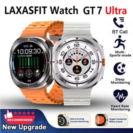 ساعة ذكية شاشة دائرية لمس كامل 1.5 بوصة موديل GT7 Ultra حزام سيليكون لون أبيض