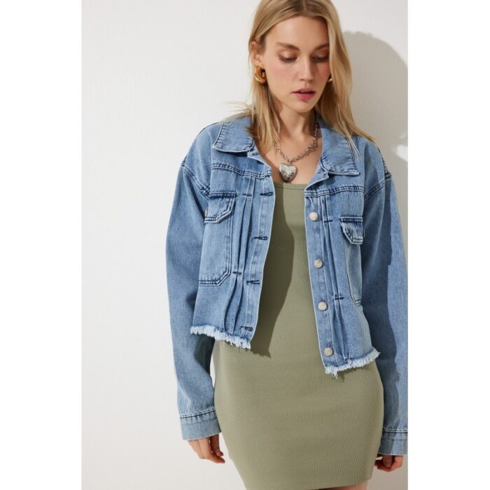⁦جاكيت جينز نسائي أزرق متوسط بدون درزات مع جيوب واسعة – Happiness İstanbul⁩ - الصورة ⁦5⁩