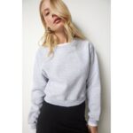 سويت شيرت نسائي قصير بقماش ميلانج رمادي – Happiness İstanbul