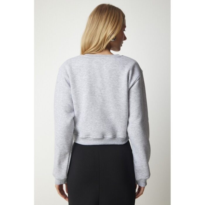 ⁦سويت شيرت نسائي قصير بقماش ميلانج رمادي – Happiness İstanbul⁩ - الصورة ⁦3⁩