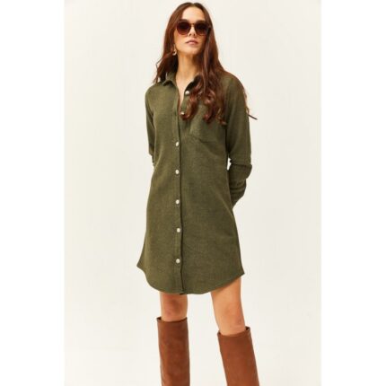 Olalook Women's Khaki Stash Shirt Dress فستان قميص