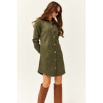 ⁦Olalook Women's Khaki Stash Shirt Dress فستان قميص⁩ - الصورة ⁦3⁩