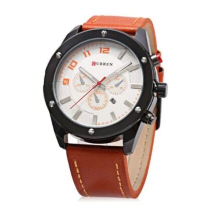 ساعه يد شبابيه جلد لون عسلي مع ارضيه ابيض