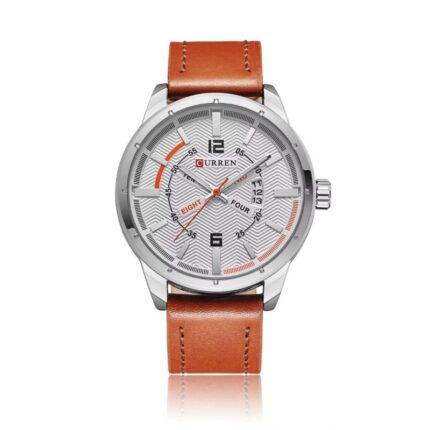 ساعه يد شبابيه جلد لون عسلي مع ارضيه ابيض