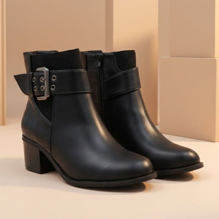 ⁦جزمة نسائية ساق متوسط الطول بكعب عريض لون أسود⁩ - الصورة ⁦6⁩