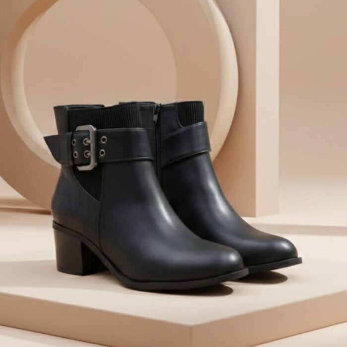 ⁦جزمة نسائية ساق متوسط الطول بكعب عريض لون أسود⁩ - الصورة ⁦7⁩