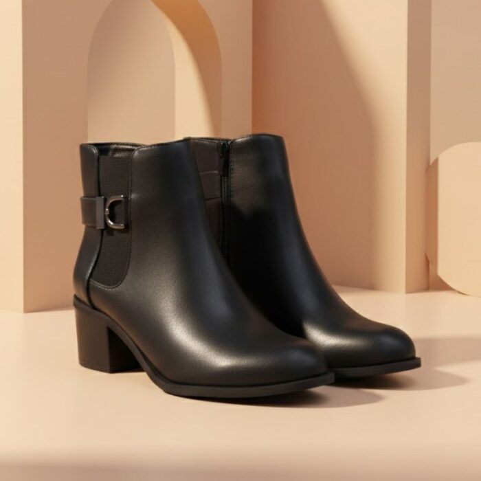 ⁦جزمة نسائية ساق متوسط الطول بكعب عريض لون أسود⁩ - الصورة ⁦5⁩