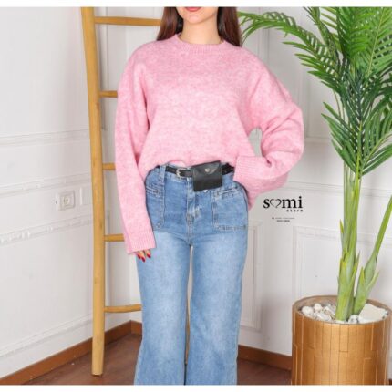 بلوزة صوف بأكمام طويلة وقبة دائرية One Size للنساء لون زهري