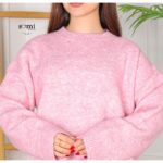 ⁦بلوزة صوف بأكمام طويلة وقبة دائرية One Size للنساء لون زهري⁩ - الصورة ⁦4⁩