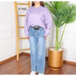 ⁦بلوزة صوف بأكمام طويلة وقبة دائرية One Size للنساء لون نهدي⁩ - الصورة ⁦2⁩