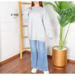 بلوزة صوف بأكمام طويلة وقبة دائرية One Size للنساء لون سكني